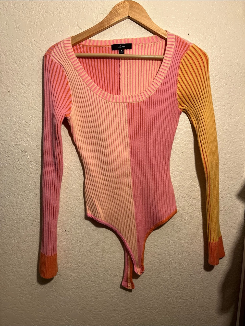 Lulu's Pink & Yellow Colorblock Ribbed Scoop-Neck Bodysuit